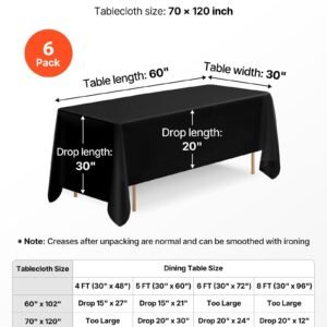 black tablecloths for rectangle tables, 6 pack, 70 x 120 inches, reusable and machine washable table clothes, wrinkle resistant polyester fabric table covers for wedding, party, banquet