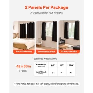 blackout curtains, 63 inch length 2 panels set, 42 inch wide each, thermal insulated blackout light blocking drapes, with grommets, polyester curtains for bedroom living room window, black