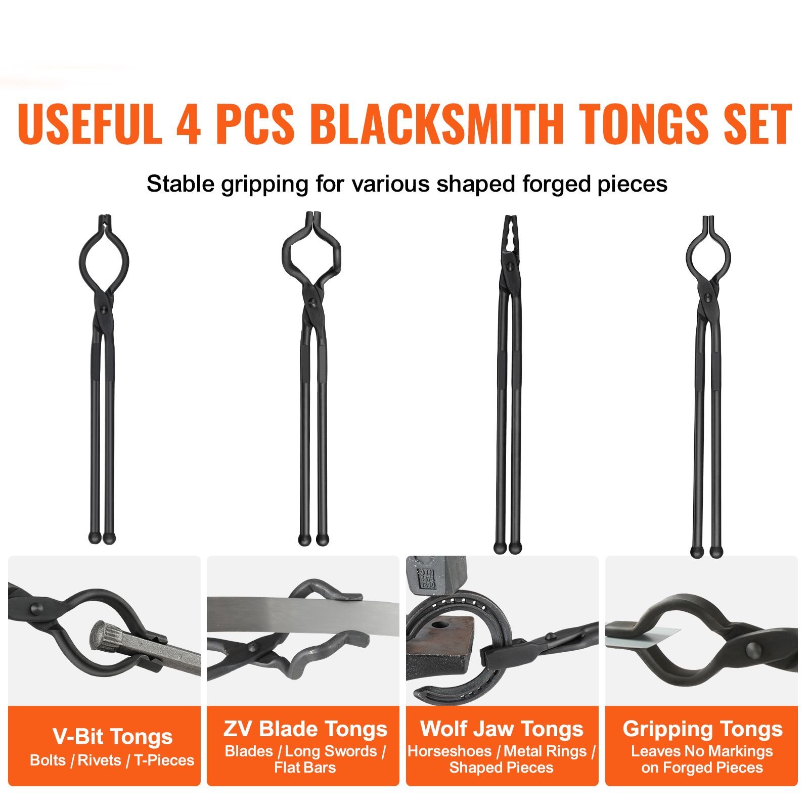 blacksmith tongs, 18' 4 pcs, v bit bolt tongs, wolf jaw tongs, z v bit tongs and gripping tongs, carbon steel forge tongs with a3 steel rivets, for beginner and seasoned blacksmiths, bladesmiths