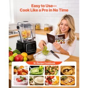 blender, 68 oz professional countertop blenders with shield, 2200w 26000rpm kitchen food processor combo, self cleaning, speed adjustable, 6 preset menu for smoothies, ice crushing, puree, black