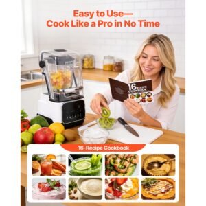blender, 68 oz professional countertop blenders with shield, 2200w 26000rpm kitchen food processor combo, self cleaning, speed adjustable, 6 preset menu for smoothies, ice crushing, puree, white