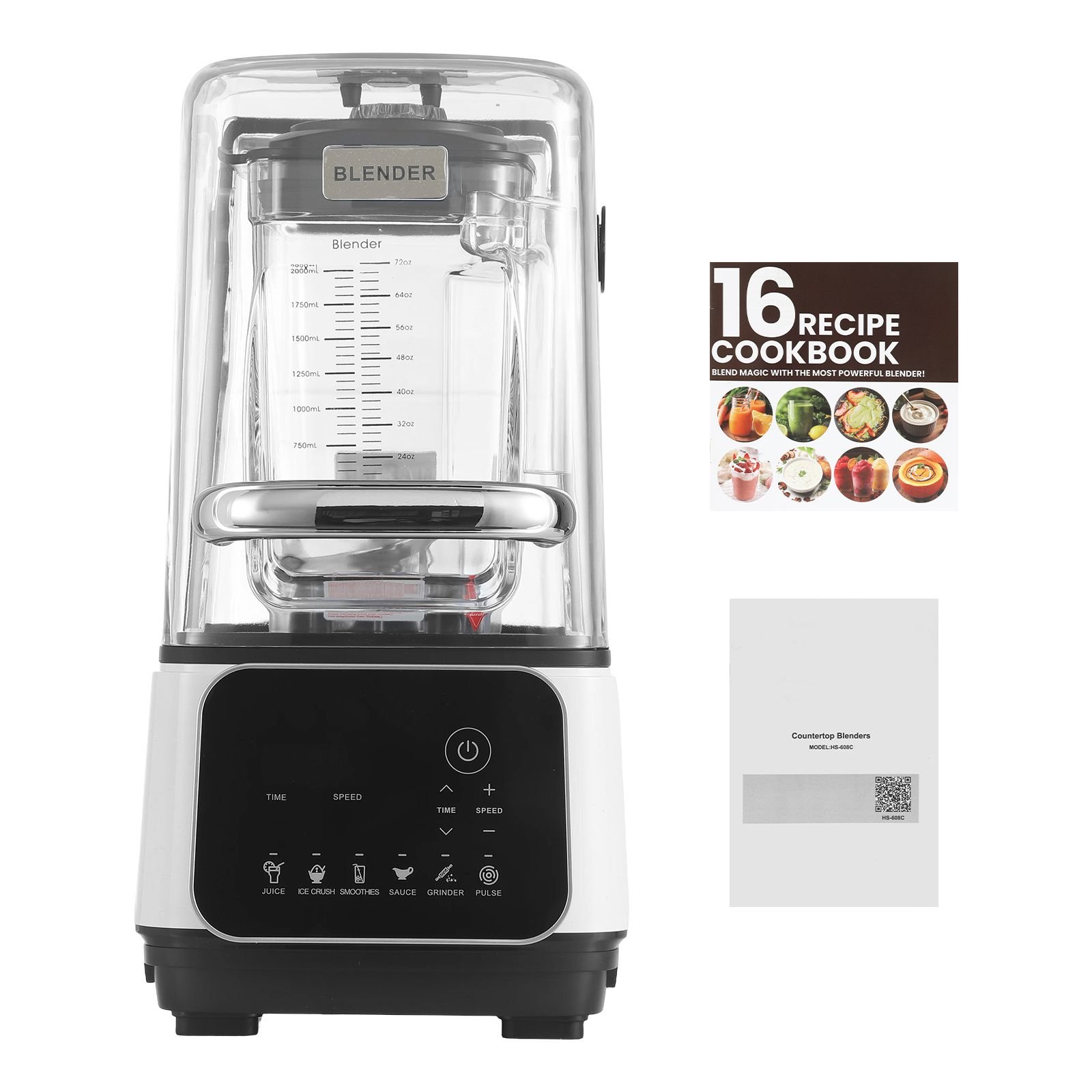 blender, 68 oz professional countertop blenders with shield, 2200w 26000rpm kitchen food processor combo, self cleaning, speed adjustable, 6 preset menu for smoothies, ice crushing, puree, white