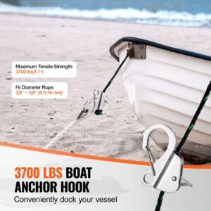 boat anchor hook, 304 stainless steel slide anchor, knotless anchor system with quick release, boat anchor hook clips for 3/8" 5/8" boat anchor rope, easy to use, holds 3700 lbs