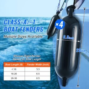 boat fenders, 6.5" x 23" boat bumpers for docking, inflatable ribbed fender with center holes, marine boat dock fender bumper with air pump, 4 needles and 4 ropes and storage bag, black