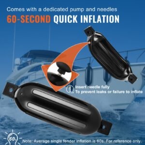 boat fenders, 6.5" x 23" boat bumpers for docking, inflatable ribbed fender with center holes, marine boat dock fender bumper with air pump, 4 needles and 4 ropes and storage bag, black