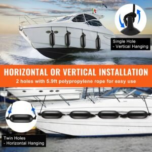 boat fenders, 6.5" x 23" boat bumpers for docking, inflatable ribbed fender with center holes, marine boat dock fender bumper with air pump, 4 needles and 4 ropes and storage bag, black