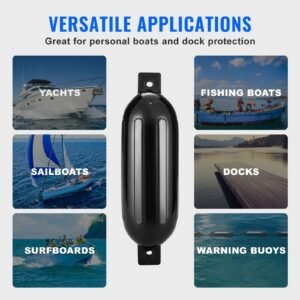 boat fenders, 6.5" x 23" boat bumpers for docking, inflatable ribbed fender with center holes, marine boat dock fender bumper with air pump, 4 needles and 4 ropes and storage bag, black