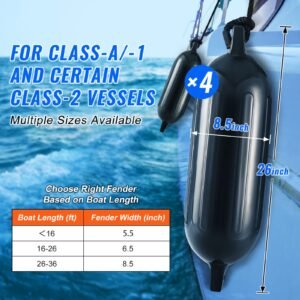 boat fenders, 8.5" x 26" boat bumpers for docking, inflatable ribbed fender with center holes, marine boat dock fender bumper with air pump, 4 needles and 4 ropes and storage bag, black
