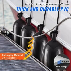 boat fenders, 8.5" x 26" boat bumpers for docking, inflatable ribbed fender with center holes, marine boat dock fender bumper with air pump, 4 needles and 4 ropes and storage bag, black