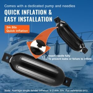 boat fenders, 8.5" x 26" boat bumpers for docking, inflatable ribbed fender with center holes, marine boat dock fender bumper with air pump, 4 needles and 4 ropes and storage bag, black