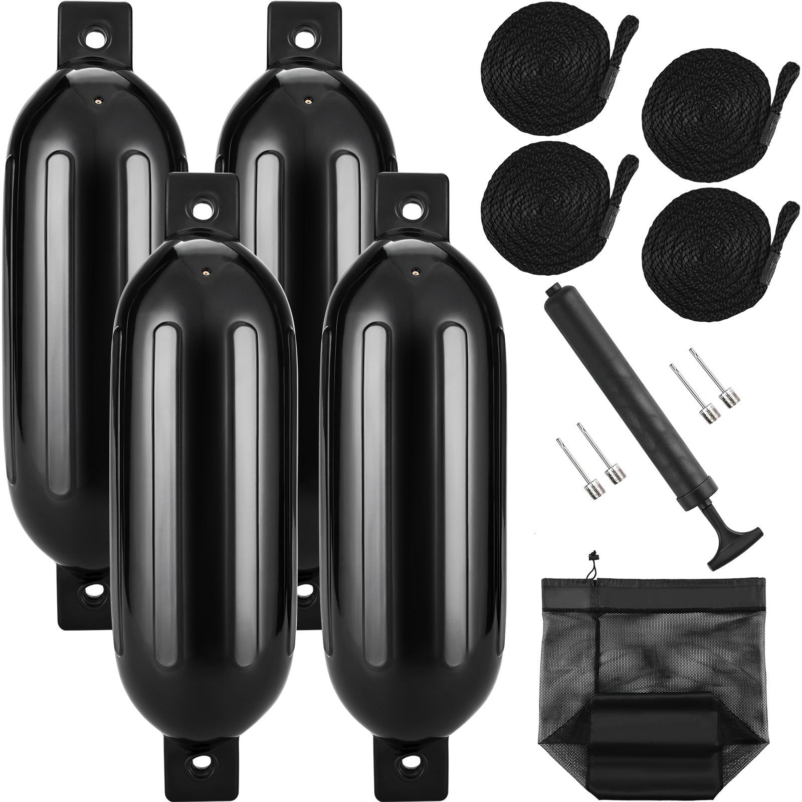 boat fenders, 8.5" x 26" boat bumpers for docking, inflatable ribbed fender with center holes, marine boat dock fender bumper with air pump, 4 needles and 4 ropes and storage bag, black