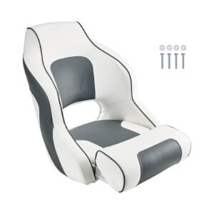 Boat Seat, High Backrest, Flip Up Boat Seat Captain Bucket Seat with Thickened Sponge Cushion & Waterproof PVC Leather, Ergonomic Design, Folding Boat Seat for Boats, Yachts, Ships, White & Grey