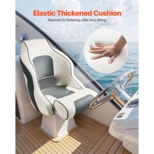 boat seat, high backrest, flip up boat seat captain bucket seat with thickened sponge cushion & waterproof pvc leather, ergonomic design, folding boat seat for boats, yachts, ships, white & grey