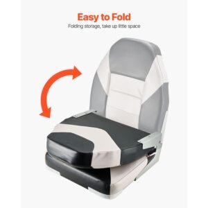 boat seat, high backrest, folding fishing boat seat with thickened sponge cushion & waterproof pvc leather, aluminum alloy hinges, flip up boat seat for boats, yachts, ships, black & grey