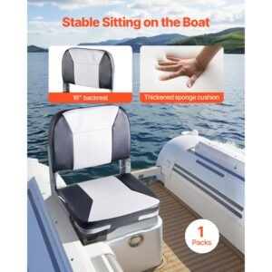boat seat, low backrest, folding fishing boat seat with thickened sponge cushion & waterproof pvc leather, aluminum alloy hinges, flip up boat seat for fishing boats, yachts, ships, black & grey