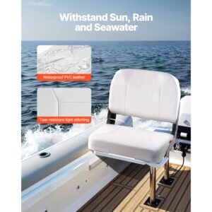 boat seat, low backrest, folding fishing boat seat with thickened sponge cushion & waterproof pvc leather, aluminum alloy hinges, flip up boat seat for fishing boats, yachts, ships, white