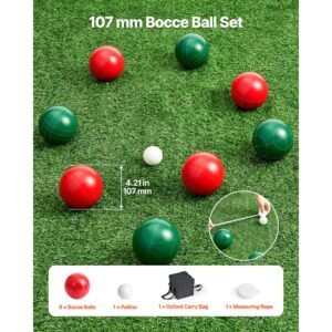 bocce ball set, 107 mm, with 8 resin balls, pallino, carrying bag and measuring rope, red and green 2 colors, for 2 to 8 players, bocce ball game set for beach, lawn, family backyard, outdoor