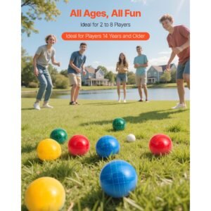 bocce ball set, 107 mm, with 8 resin balls, pallino, carrying bag and measuring rope, red/green/blue/yellow 4 colors, for 2 to 8 players, bocce ball game set for beach, lawn, family backyard