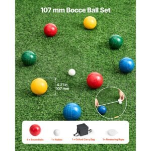 bocce ball set, 107 mm, with 8 resin balls, pallino, carrying bag and measuring rope, red/green/blue/yellow 4 colors, for 2 to 8 players, bocce ball game set for beach, lawn, family backyard
