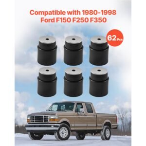 body mount bushing kit, compatible with 1980 1998 ford f150 f250 f350, 62 pcs polyurethane body mount kit, quick replacement, durable components for improving bumpy driving performance, black