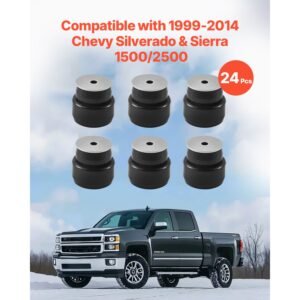 body mount bushing kit, compatible with 1999 2014 chevy silverado & sierra 1500/2500, 24 pcs polyurethane body mount kit, durable components for improving bumpy driving performance, black