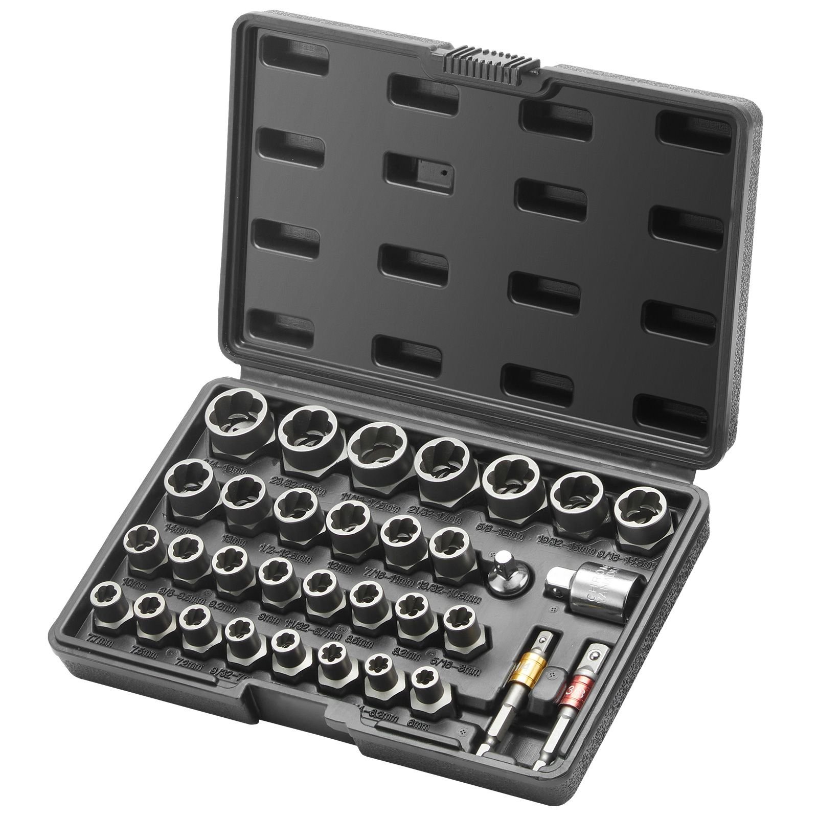 bolt extractor set, 29 piece bolt and nut remover set, 6mm to 10mm, 13/32" to 3/4", cr mo steel extraction socket set with storage case, for removing damaged rusted bolts, nuts and screws