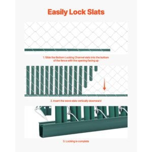 bottom locking privacy slats, single wall vertical bottom locking slats for chain link fence, high density hdpe chain link slats ideally fit 5' high fence for garden, farm, sports field(green)