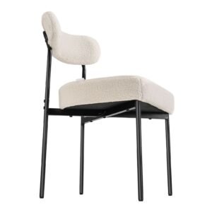 boucle dining chairs set of 2, mid century modern sherpa accent chairs, upholstered side chair for dining table, space saving white kitchen table chair with curved backrest and black metal legs