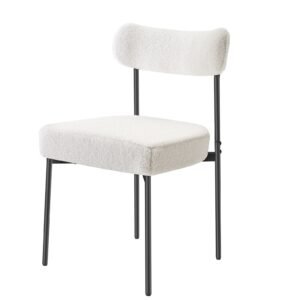 boucle dining chairs set of 2, mid century modern sherpa accent chairs, upholstered side chair for dining table, space saving white kitchen table chair with curved backrest and black metal legs
