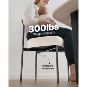 boucle dining chairs set of 2, mid century modern sherpa accent chairs, upholstered side chair for dining table, space saving white kitchen table chair with curved backrest and black metal legs