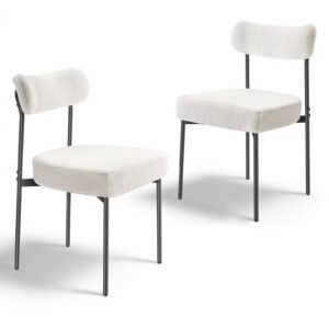 Boucle Dining Chairs Set of 2, Mid Century Modern Sherpa Accent Chairs, Upholstered Side Chair for Dining Table, Space-Saving White Kitchen Table Chair with Curved Backrest and Black Metal Legs
