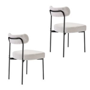 boucle dining chairs set of 2, mid century modern sherpa accent chairs, upholstered side chair for dining table, space saving white kitchen table chair with curved backrest and black metal legs