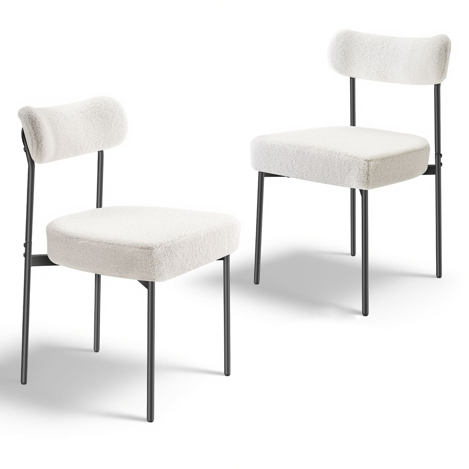 boucle dining chairs set of 2, mid century modern sherpa accent chairs, upholstered side chair for dining table, space saving white kitchen table chair with curved backrest and black metal legs