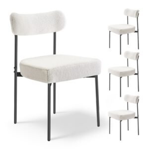 boucle dining chairs set of 4, mid century modern sherpa accent chairs, upholstered side chair for dining table, space saving white kitchen table chair with curved backrest and black metal legs
