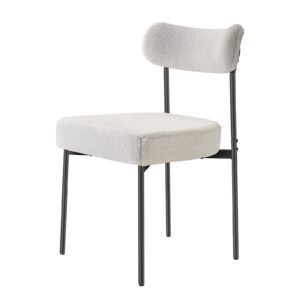 boucle dining chairs set of 4, mid century modern sherpa accent chairs, upholstered side chair for dining table, space saving white kitchen table chair with curved backrest and black metal legs