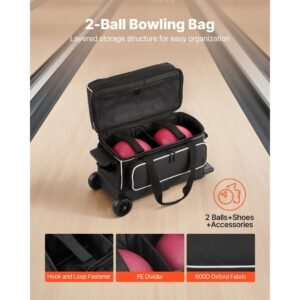 bowling ball bag, 2 ball double roller bowling bag with wheels, featuring a separate compartment for shoes (up to us size 16) & oversized accessory pocket, retractable handle extends to 41.32 in