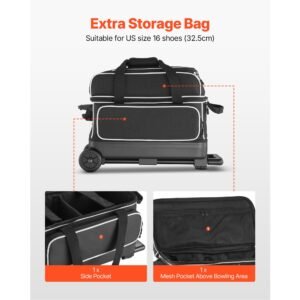 bowling ball bag, 2 ball double roller bowling bag with wheels, featuring a separate compartment for shoes (up to us size 16) & oversized accessory pocket, retractable handle extends to 41.32 in