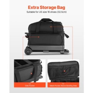 bowling ball bag, 2 ball double roller bowling bag with wheels, featuring a separate compartment for shoes (up to us size 16) & oversized accessory pocket, retractable handle extends to 41.32 in