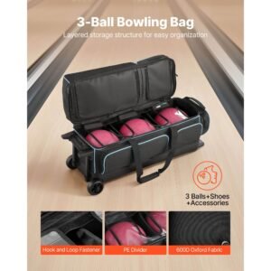 bowling ball bag, 3 ball double roller bowling bag with wheels, featuring a separate compartment for shoes (up to us size 16) & oversized accessory pocket, retractable handle extends to 41.34 in