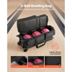 bowling ball bag, 3 ball double roller bowling bag with wheels, featuring a separate compartment for shoes (up to us size 16) & oversized accessory pocket, retractable handle extends to 41.34 in