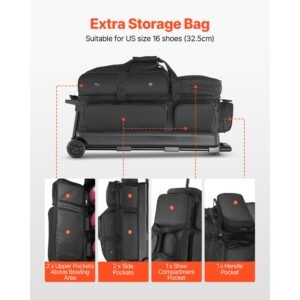 bowling ball bag, 3 ball double roller bowling bag with wheels, featuring a separate compartment for shoes (up to us size 16) & oversized accessory pocket, retractable handle extends to 41.34 in