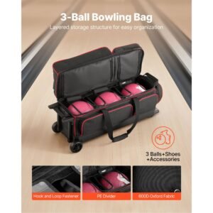 bowling ball bag, 3 ball double roller bowling bag with wheels, featuring a separate compartment for shoes (up to us size 16) & oversized accessory pocket, retractable handle extends to 41.34 in