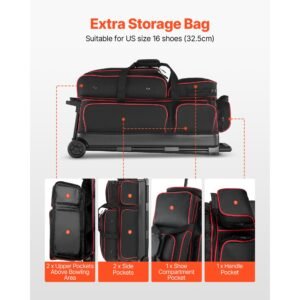 bowling ball bag, 3 ball double roller bowling bag with wheels, featuring a separate compartment for shoes (up to us size 16) & oversized accessory pocket, retractable handle extends to 41.34 in