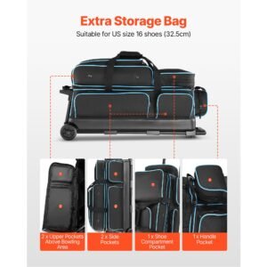bowling ball bag, 3 ball double roller bowling bag with wheels, featuring a separate compartment for shoes (up to us size 16) & oversized accessory pocket, retractable handle extends to 41.34 in