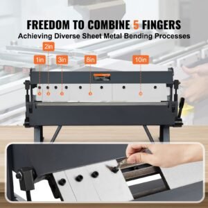 box and pan brake, 24 inch, 0 130 degrees sheet metal bending brake, portable metal bender with 20 gauge low carbon steel 14 gauge aluminum capacity, 5 adjustable fingers for metal bending