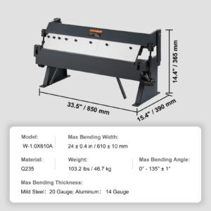 box and pan brake, 24 inch, 0 130 degrees sheet metal bending brake, portable metal bender with 20 gauge low carbon steel 14 gauge aluminum capacity, 5 adjustable fingers for metal bending