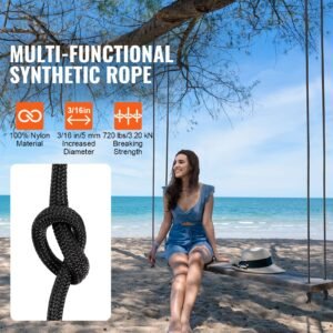 braided nylon cord, 3/16 inch by 250 feet, 32 strand design, 720 lbs tensile strength, multi purpose black rope for outdoor, tree work, hiking, swinging, and rescue operations