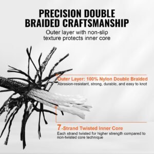 braided nylon cord, 3/16 inch by 250 feet, 32 strand design, 720 lbs tensile strength, multi purpose black rope for outdoor, tree work, hiking, swinging, and rescue operations