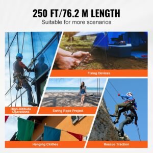 braided nylon cord, 3/16 inch by 250 feet, 32 strand design, 720 lbs tensile strength, multi purpose black rope for outdoor, tree work, hiking, swinging, and rescue operations