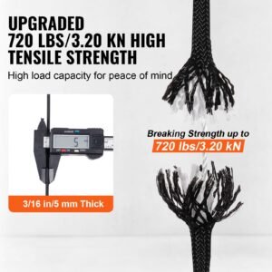 braided nylon cord, 3/16 inch by 250 feet, 32 strand design, 720 lbs tensile strength, multi purpose black rope for outdoor, tree work, hiking, swinging, and rescue operations